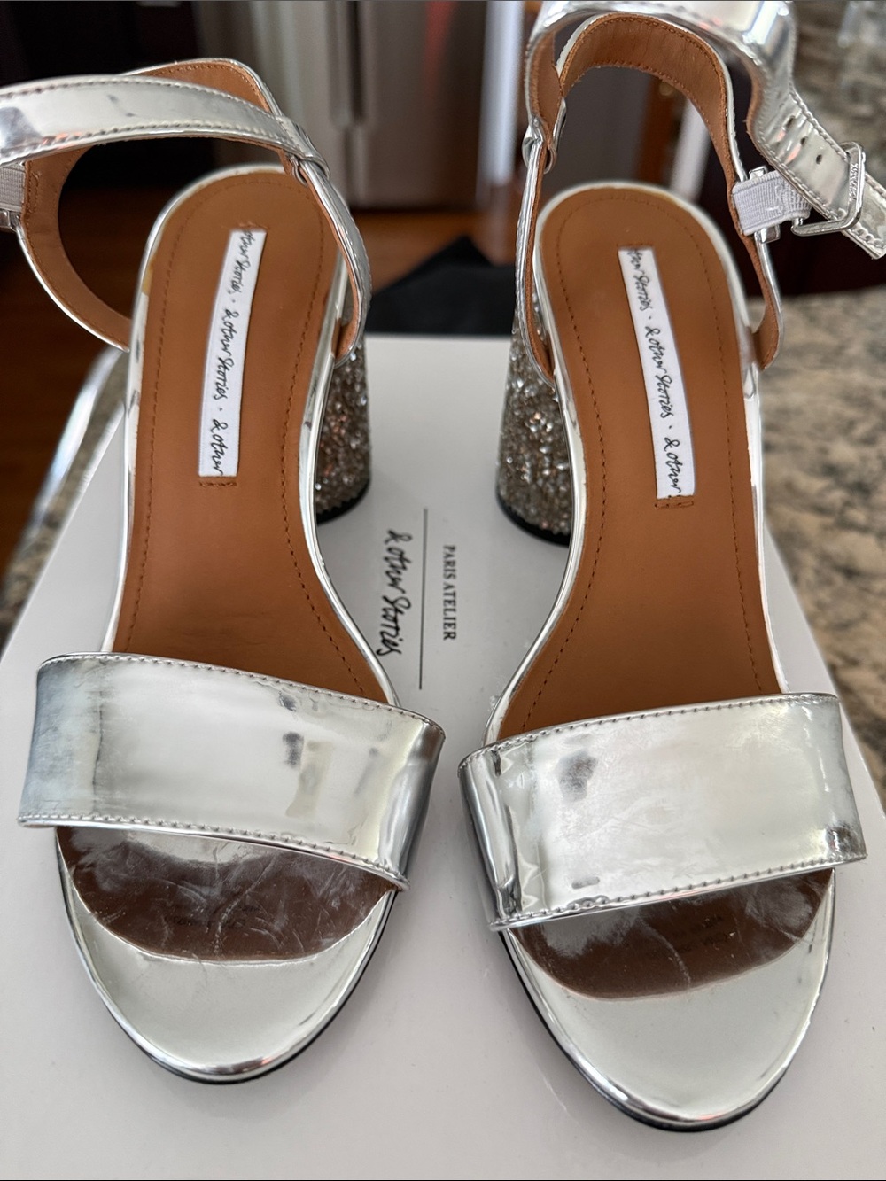 & Other Stories Silver Metallic Block Heel Sandals with Glitter Heel